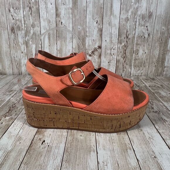 Fitflop Womens Eloise cork wrap suede back strap sandals coral sunshine womens 8 - Picture 1 of 7